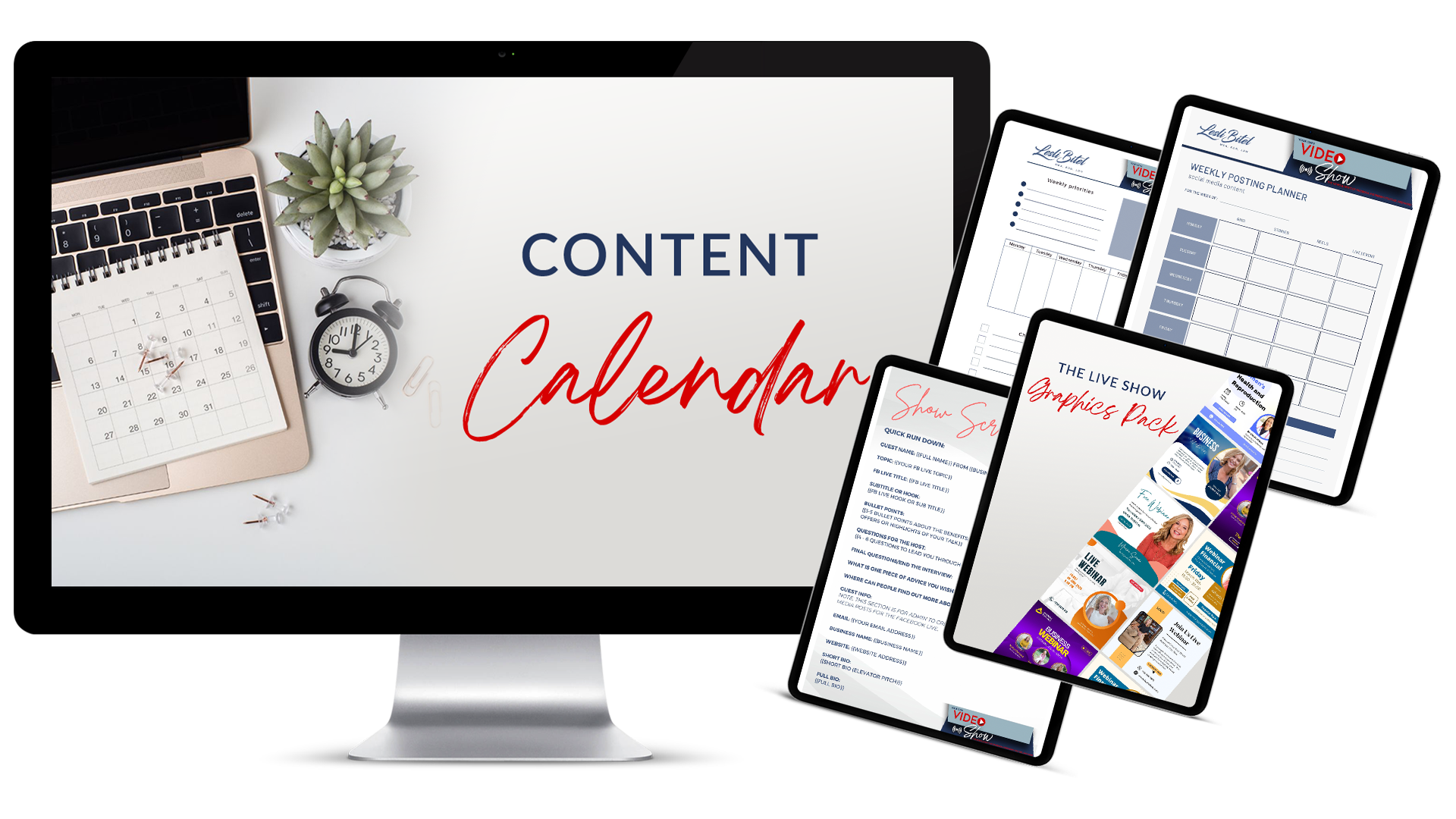 Mockup of Bonus #1 showing a customizable content calendar included in the Your Own Video Show program
